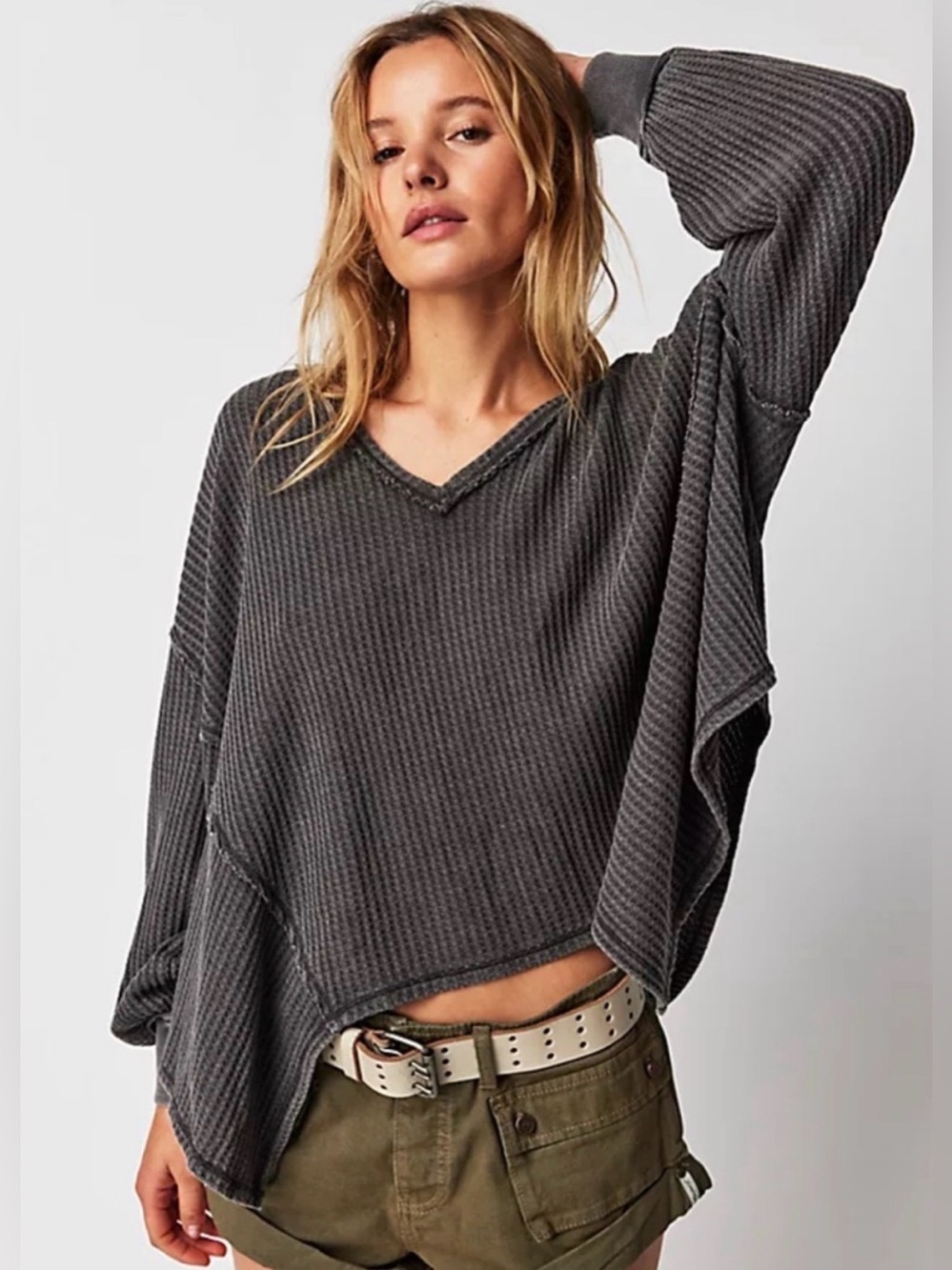 NWOT Free People Coraline Thermal Top Charcoal Waffle Knit Oversized Medium
